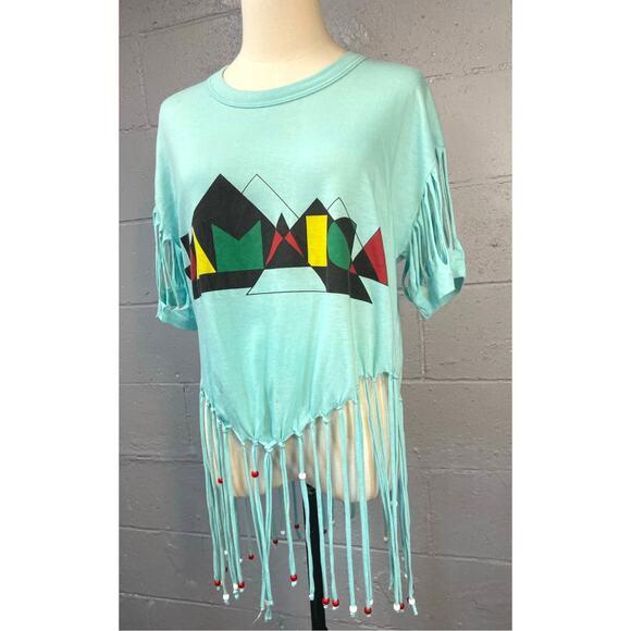 Vtg 80s Asymmetric Beaded Fringe Razor Cut Single Stitch Tee amaica Souvenir - Picture 2 of 10
